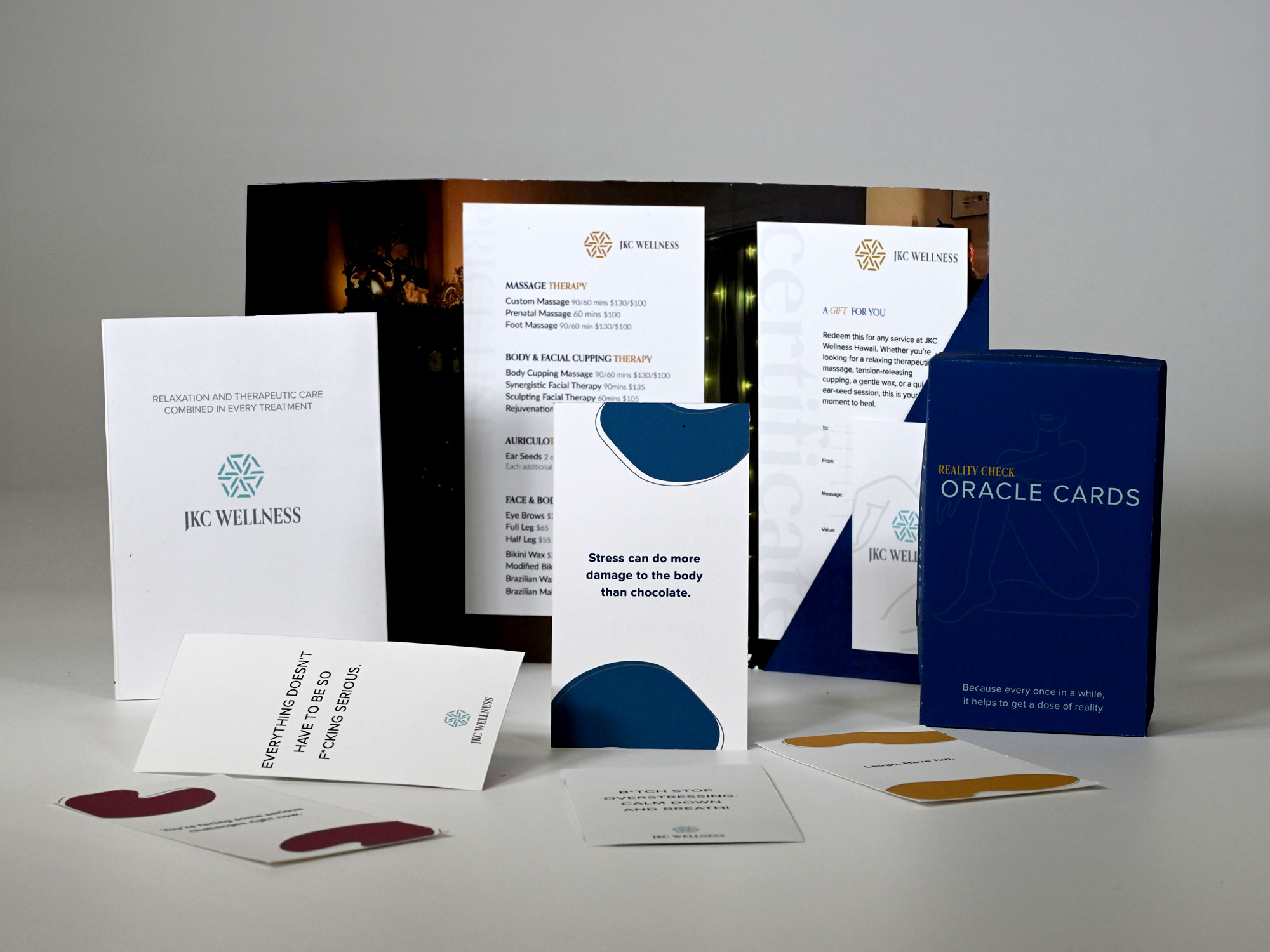 image of JKC Wellness' gift certificat, menu, oracle cards