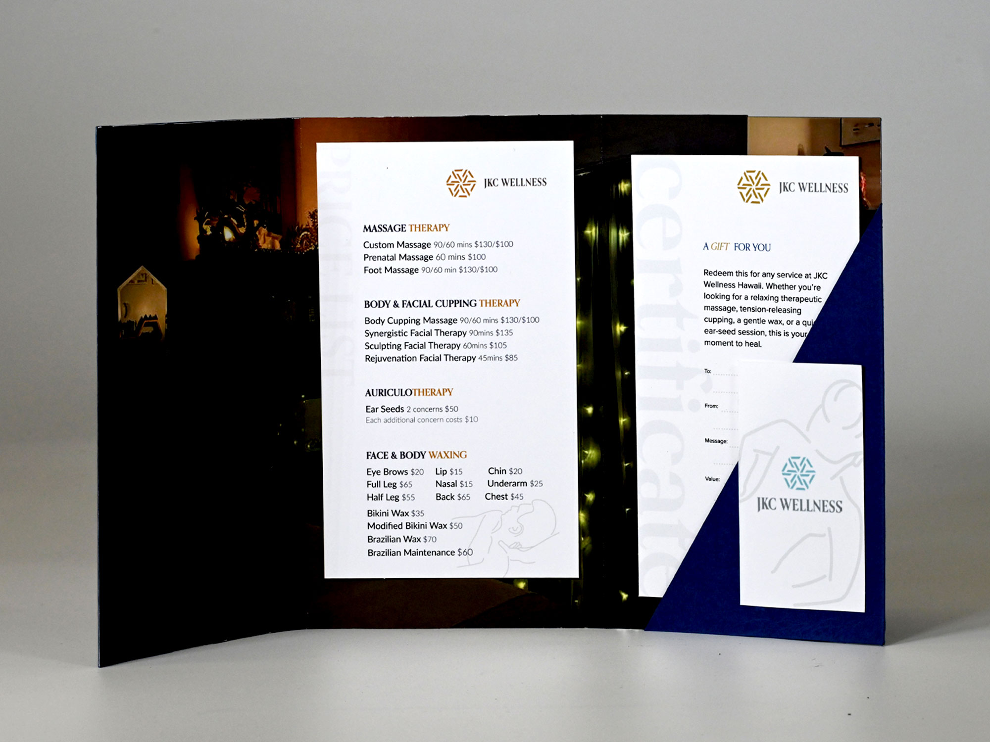 image of JKC Wellness' gift certificat, menu, oracle cards