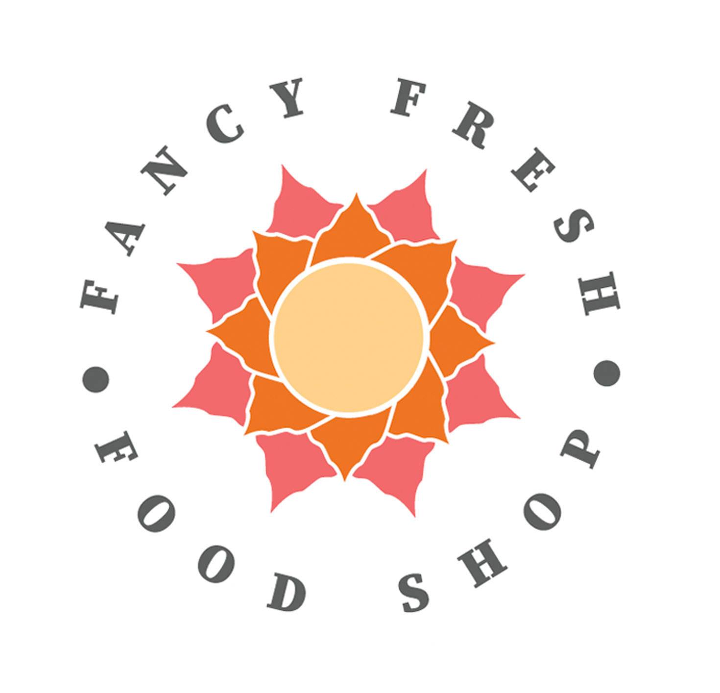 image of Fancy Fresh Food Shop logo as an abstract pineapple top with colors of orange, pink, light yellow, and gray