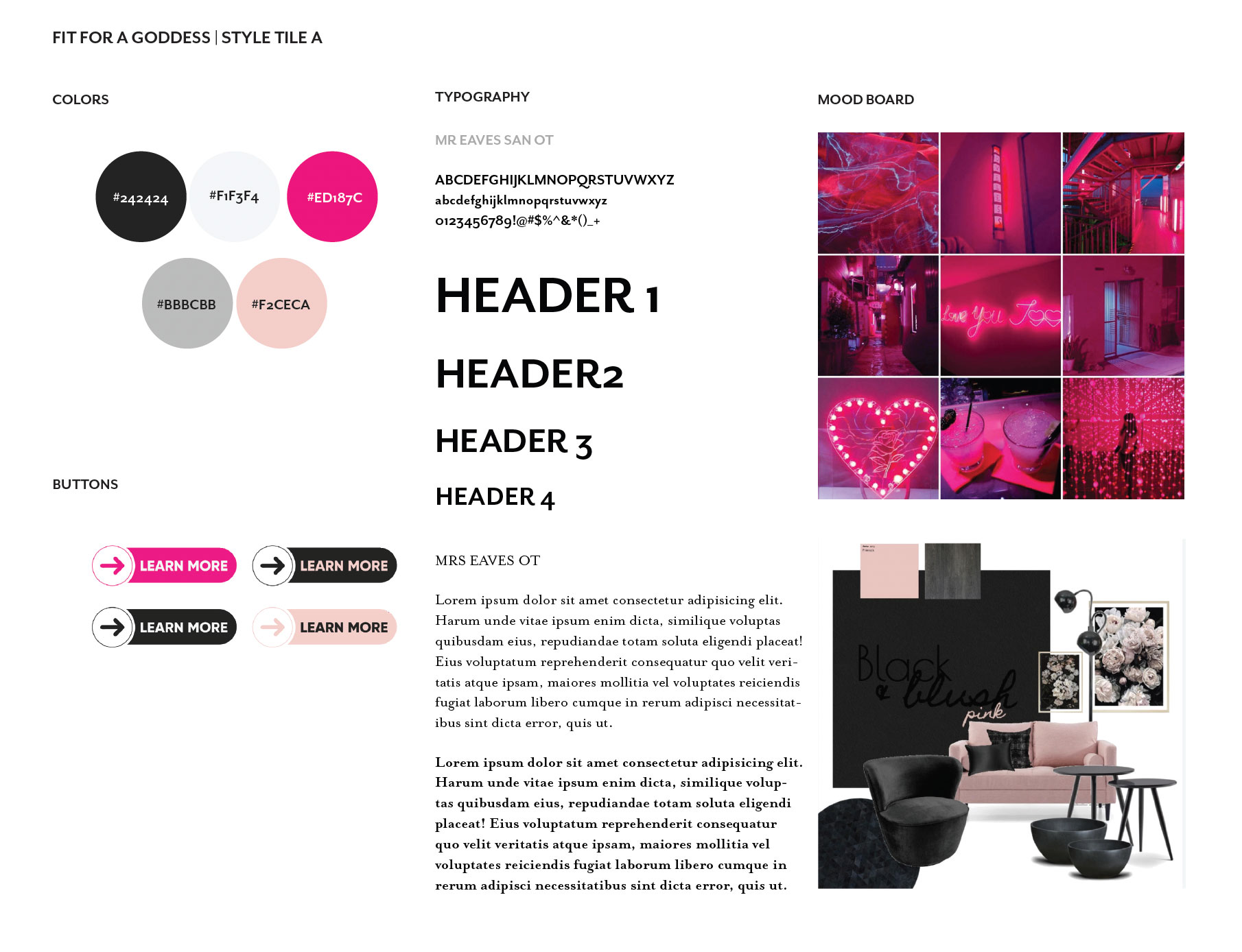 image of potential colors and typeface for a website